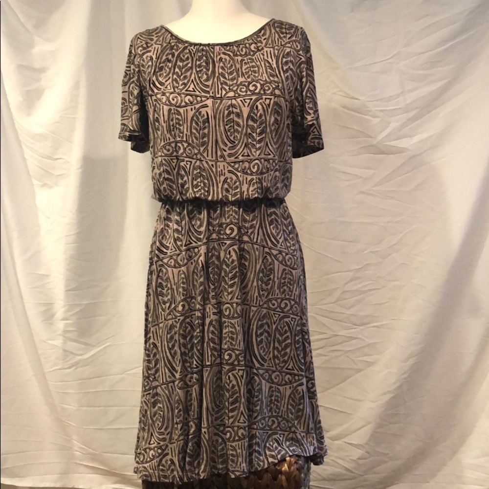 Printed Taupe Jersey Knit Blouson Flare LOFT Dress